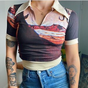 Vintage 1970s Old Gringo European Cotton Horse Full print Collared Crop top